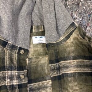 Old Navy Green Plaid Shirt with Gray Hood